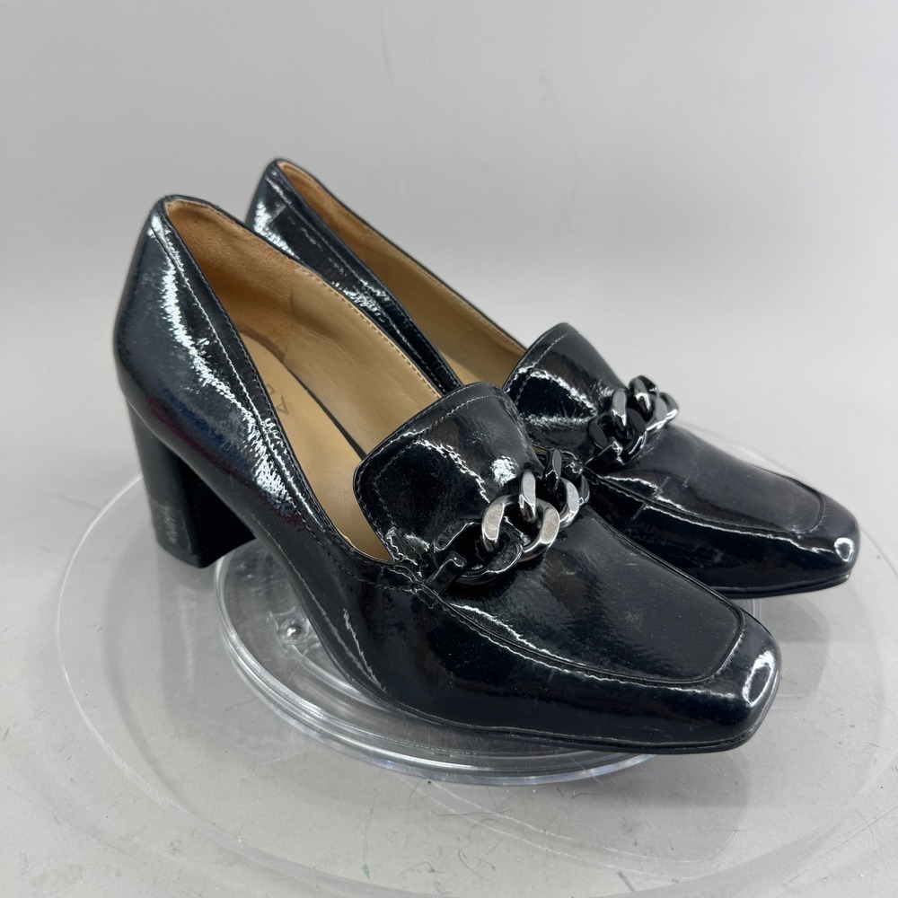 Naturalizer Womens 6 Black Patent Leather Chain Block Heel Loafers Square Toe